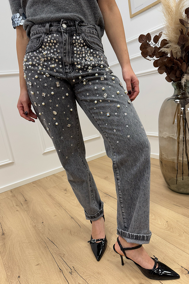 Haveone - Jeans Louis grigio scuro con perle e strass