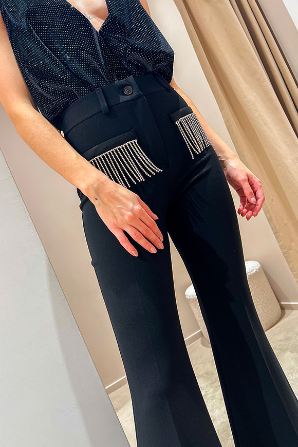 Dixie - Black trousers with flared swarovski fringes