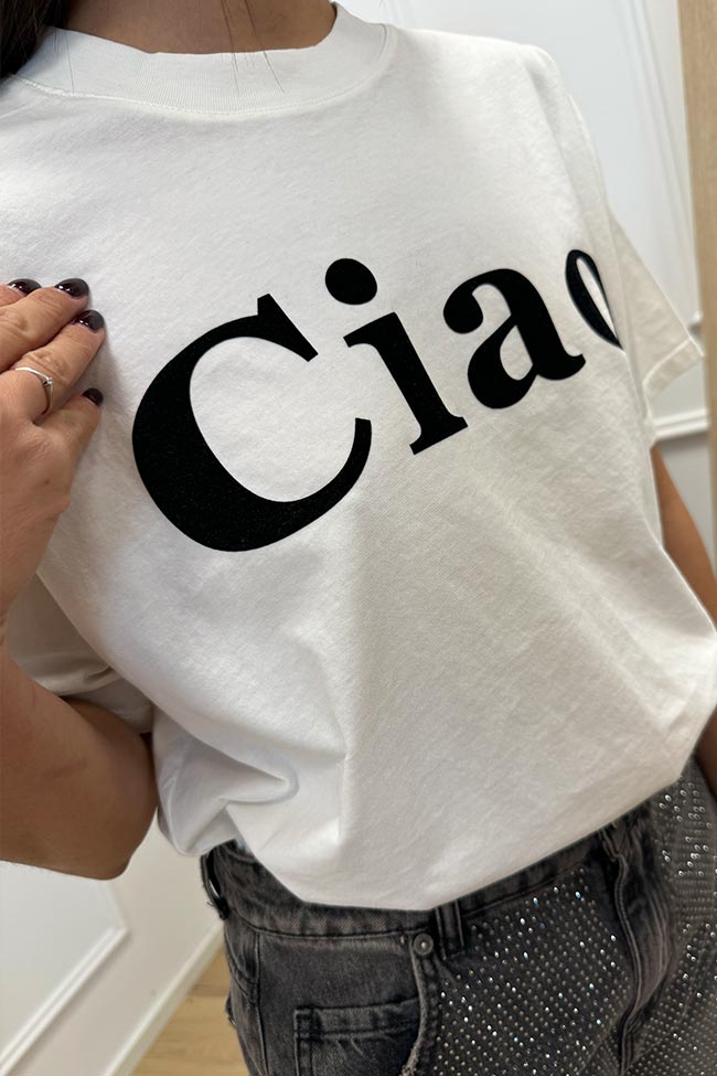 Vicolo - T shirt bianca stampa "Ciao" floccata