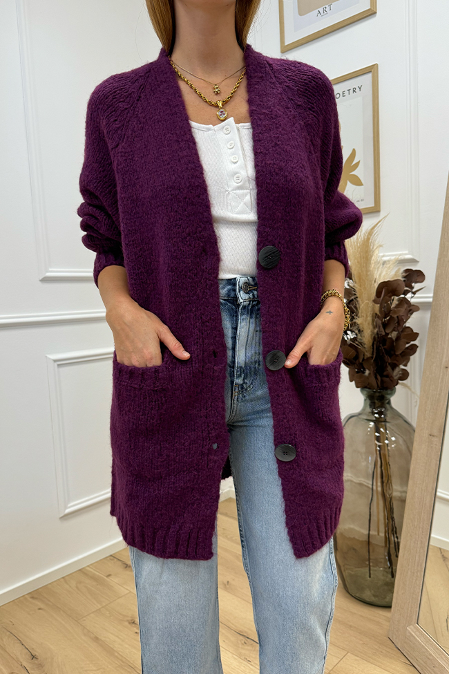 Haveone - Cardigan lungo vino con bottoni misto alpaca