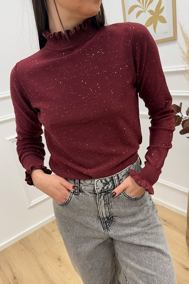 Haveone - Maglia bordeaux collo rouches con micropaillettes