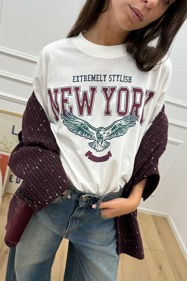 Vicolo - T shirt bianca scritta New York bordeaux