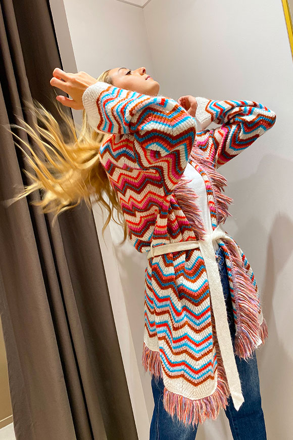 Vicolo - Cream, pink and light blue poncho fringed with gold flecks