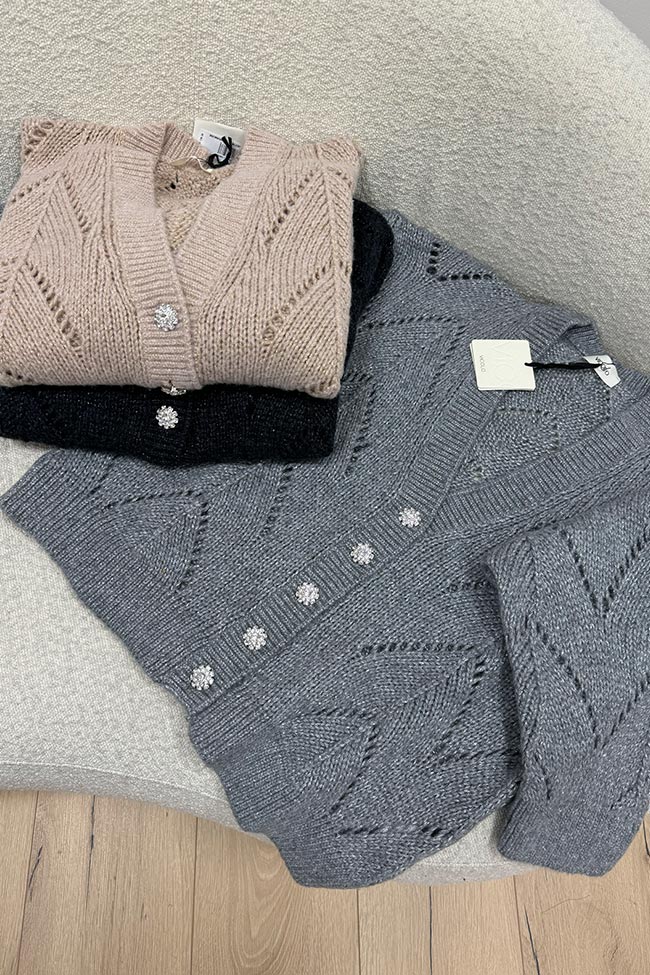 Vicolo - Cardigan traforato grigio lamè con bottoni gioiello