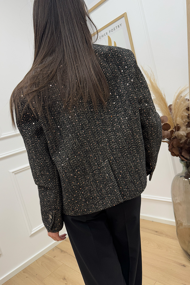 Haveone - Giacca cropped tweed nera, beige con micro paillettes