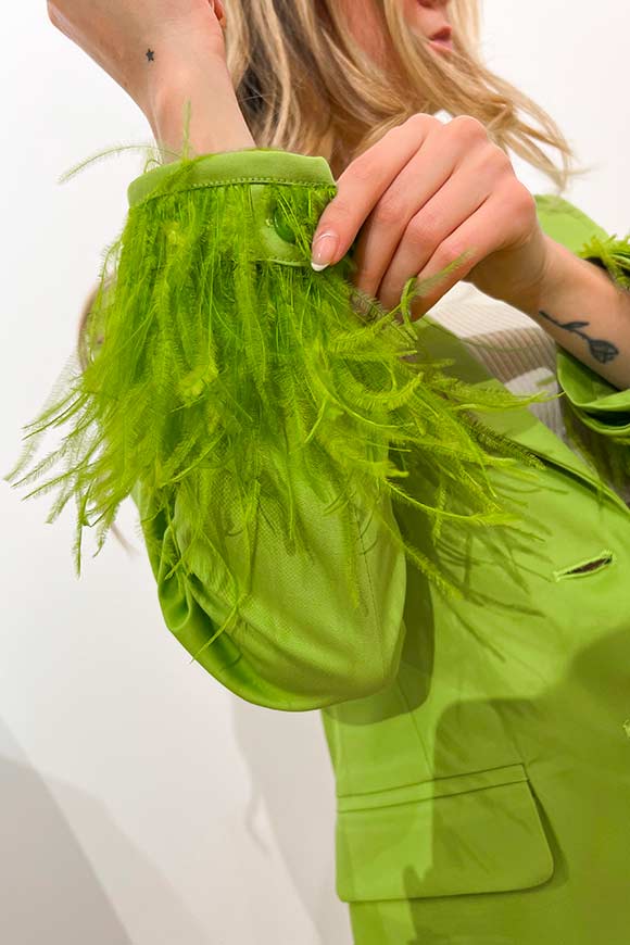 Tensione In - Pistachio green jacket in cotton gabardine with feathers