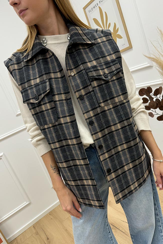 Vicolo - Gilet oversize check grigio e beige