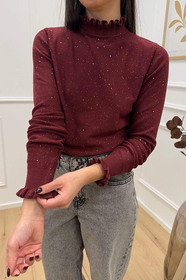 Haveone - Maglia bordeaux collo rouches con micropaillettes