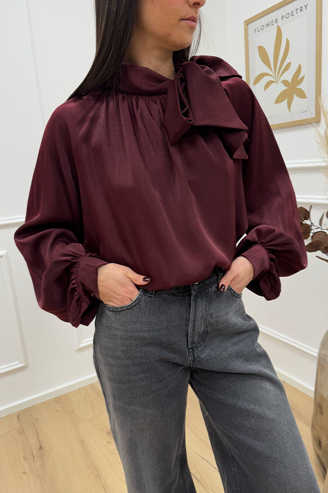 Haveone - Blusa bordeaux fiocco al collo e manica balloon