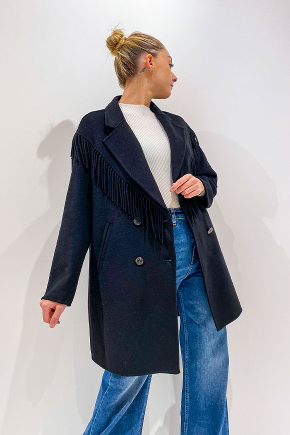 Vicolo - Double-breasted black coat with fringes