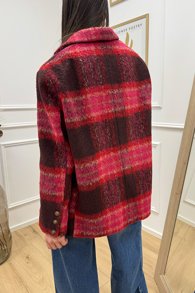 Dixie - Giacca cappotto check rosso, rosa e moro