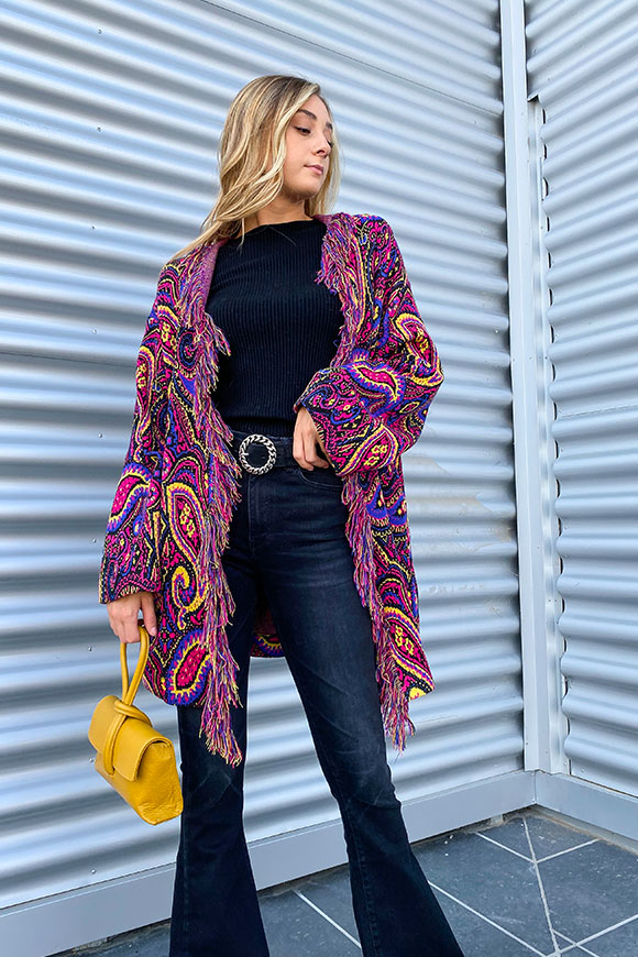 Vicolo - Paisley patterned blue, fuchsia and yellow cardigan