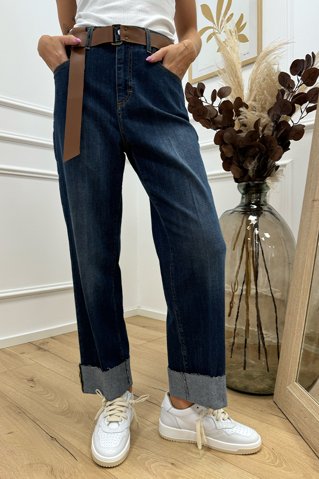 Haveone - Jeans Mandy blu scuro con cintura cuoio