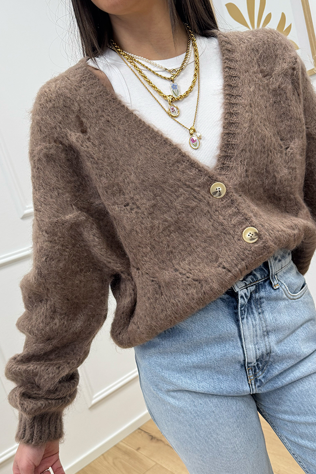 Vicolo - Cardigan fluffly nocciola corto