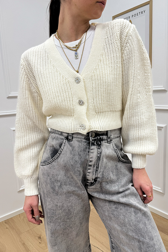 Haveone - Cardigan cropped panna con bottoni gioiello