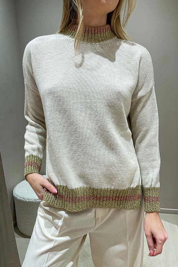 Haveone - Maglione panna collo lurex oro e cipria