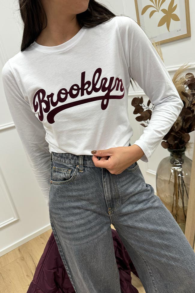 Haveone - T shirt bianca Brooklyn floccata a manica lunga