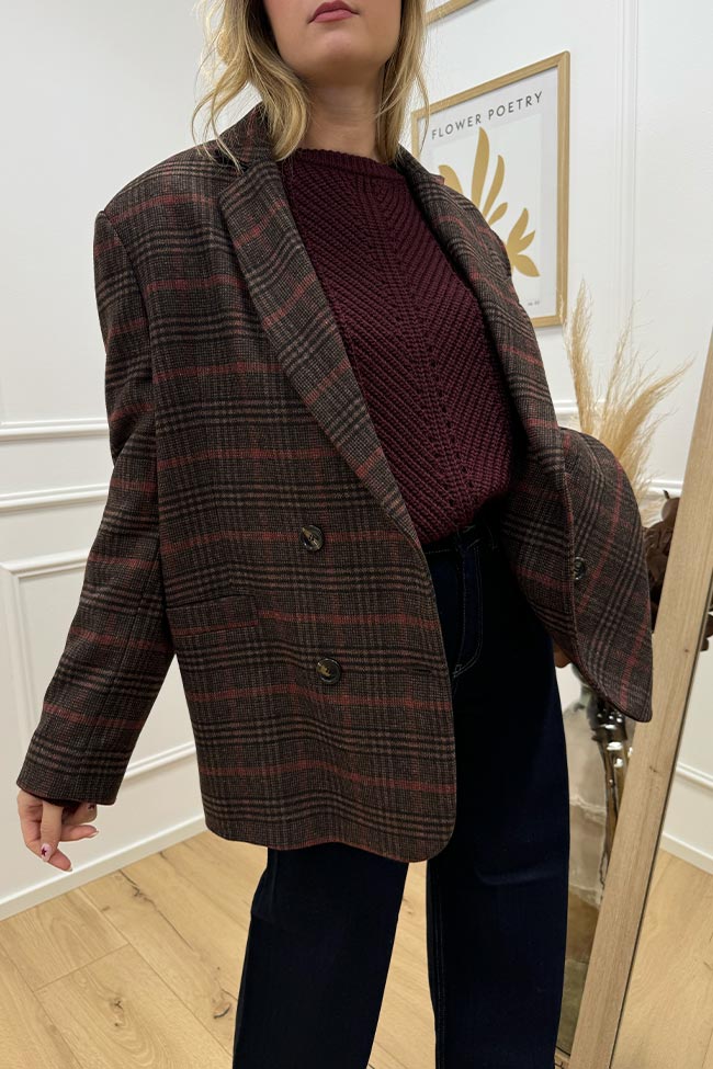 Haveone - Giacca misto lana tartan bordeaux e moro