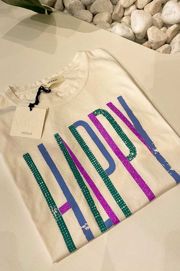 Vicolo - T shirt bianca stampa "Happy" viola, verde acqua, azzurro