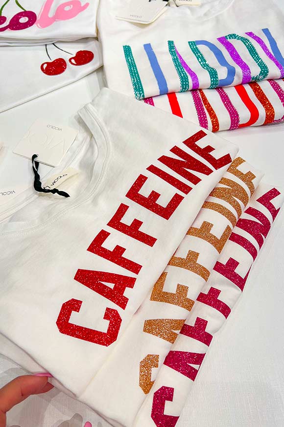 Vicolo - T shirt bianca stampa "Caffeine" glitter bronzo