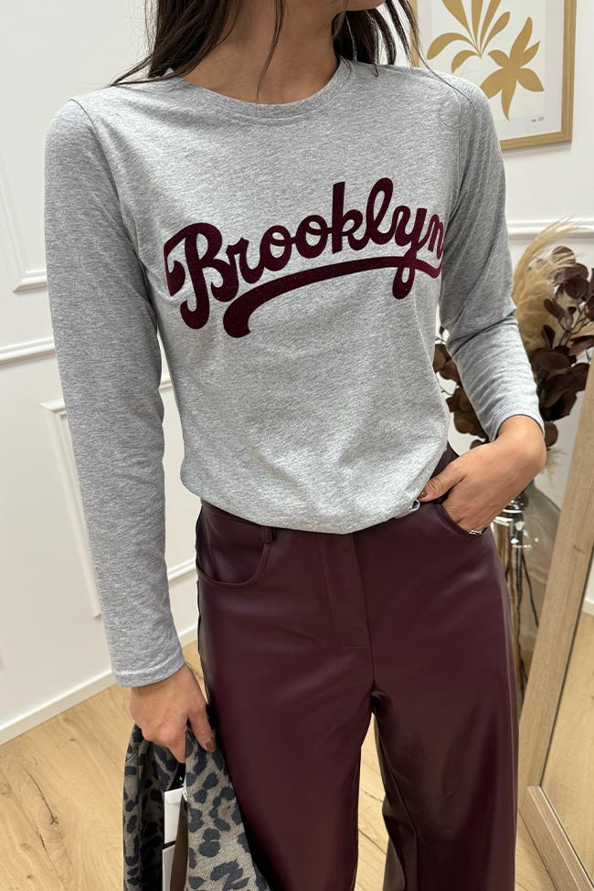 Haveone - T shirt grigia Brooklyn floccata a manica lunga