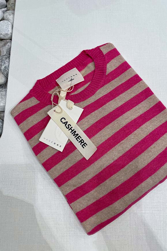 Haveone - Maglia riga stretta fucsia, beige in cashmere