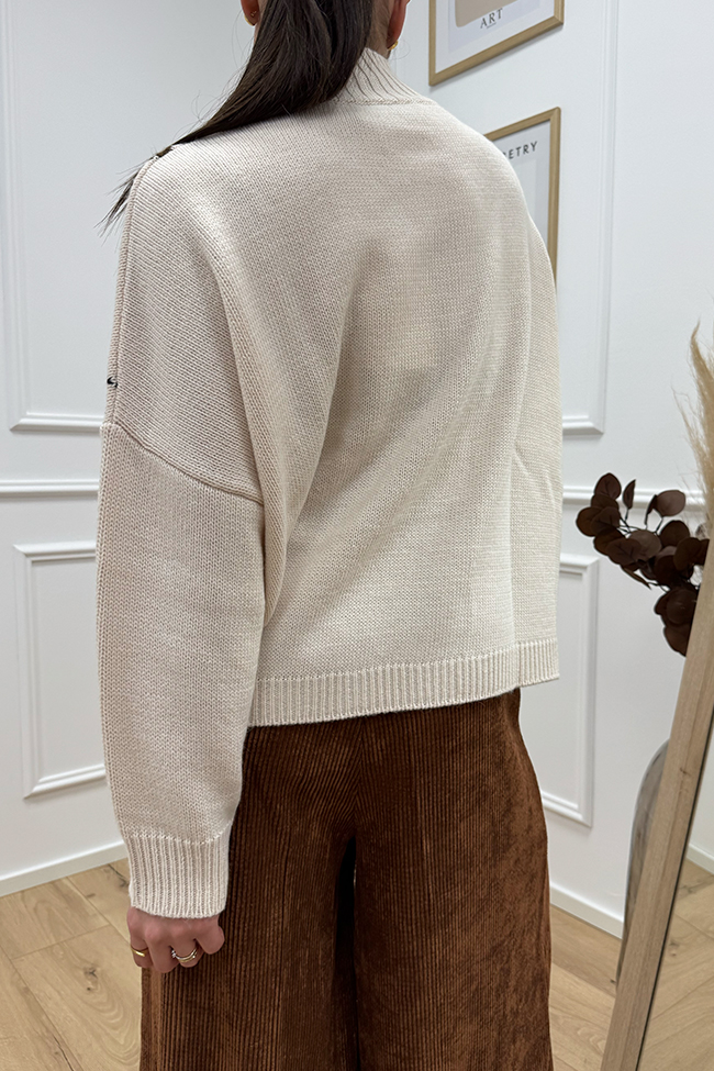 Haveone - Maglia collo cratere a rombi panna, camel e moro