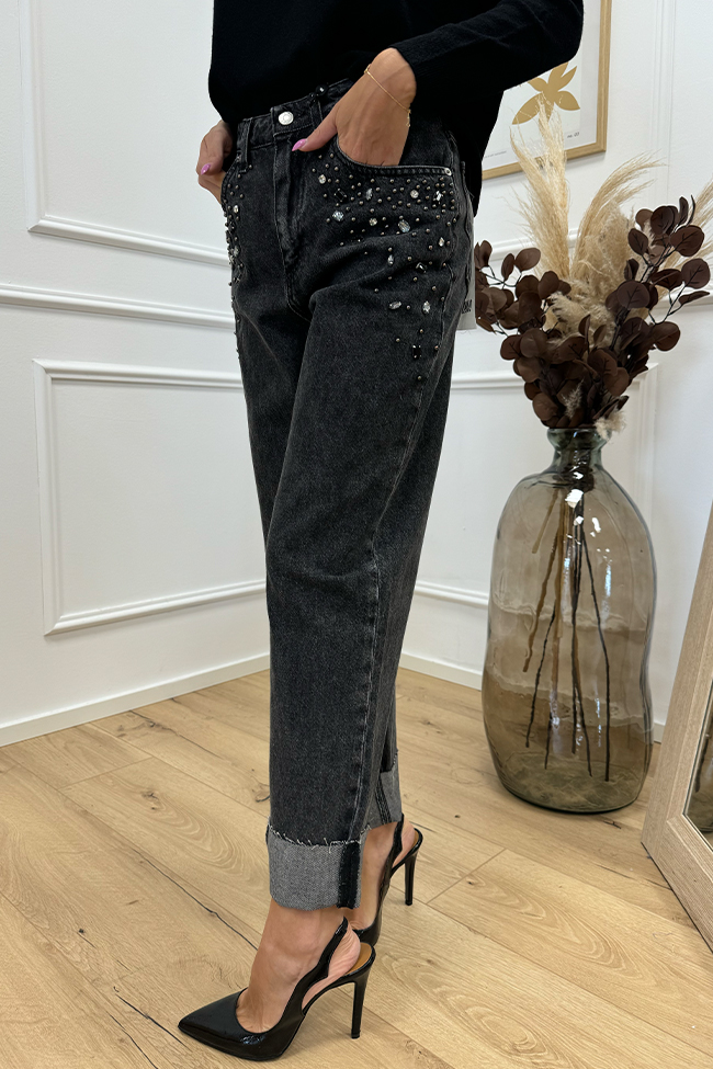 Haveone - Jeans Mandy nero con borchie e strass