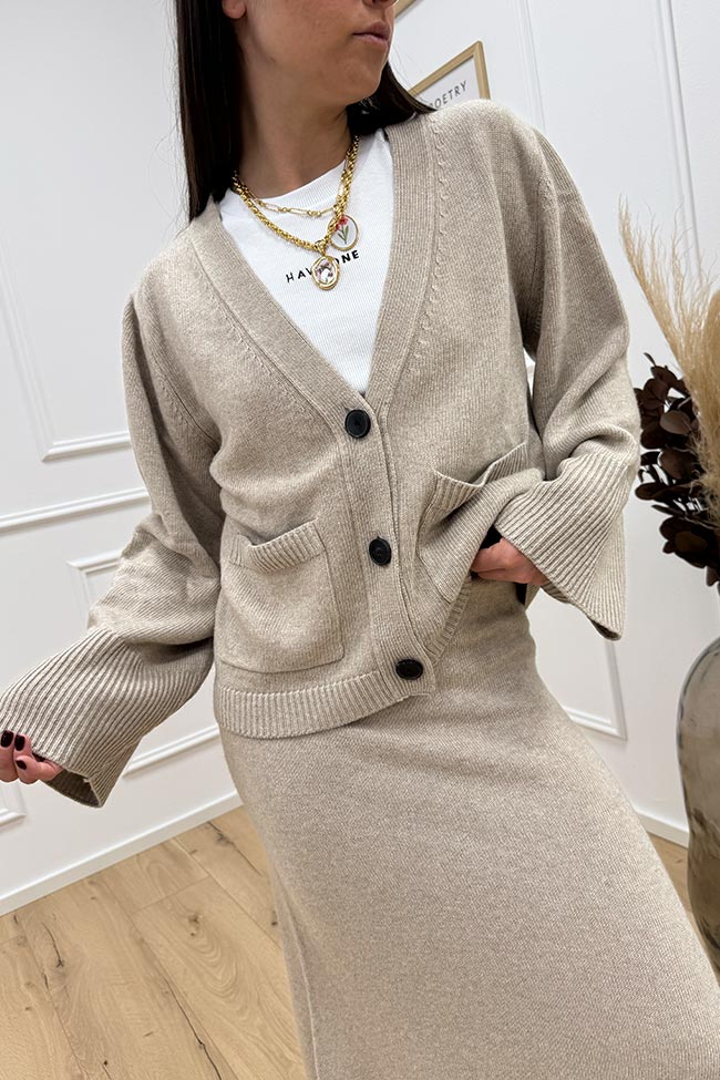 Vicolo - Cardigan tre bottoni beige misto lana e cashmere