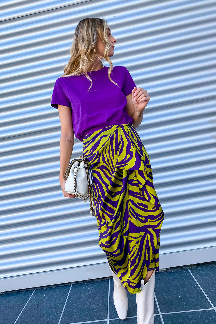 Vicolo - Pistachio and purple spotted midi skirt in satin