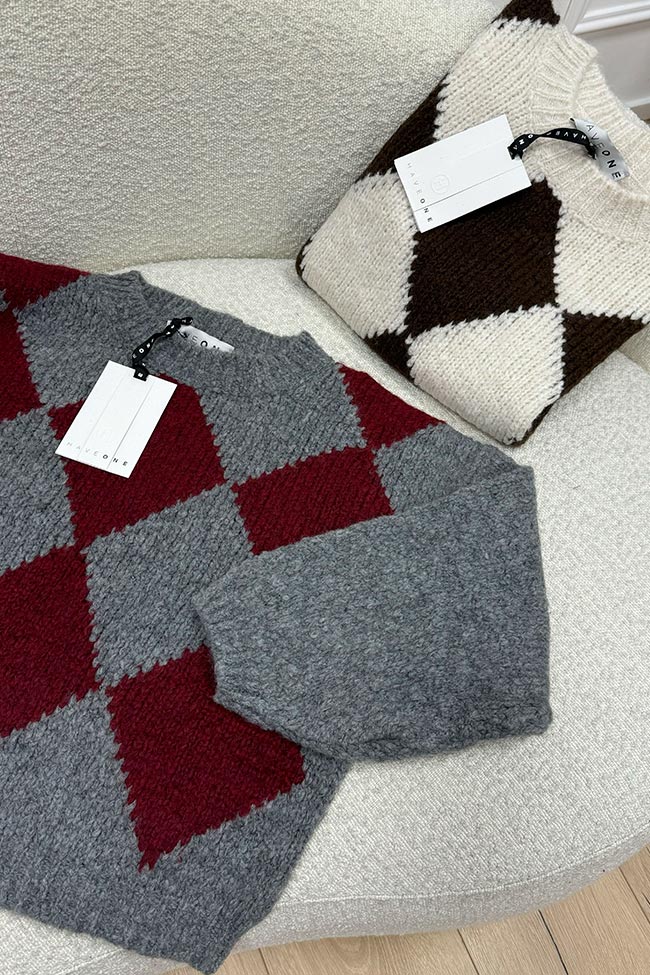 Haveone - Maglione rombi grigio e bordeaux