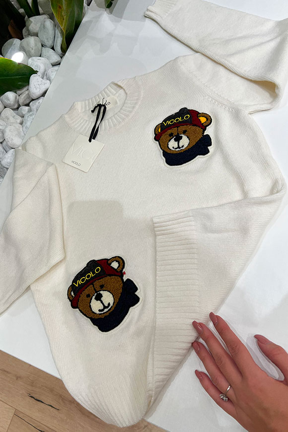 Vicolo - Maglioncino bianco con patch orsetti teddy bouclé