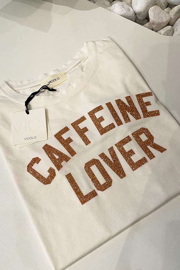 Vicolo - T shirt bianca stampa "Caffeine" glitter bronzo