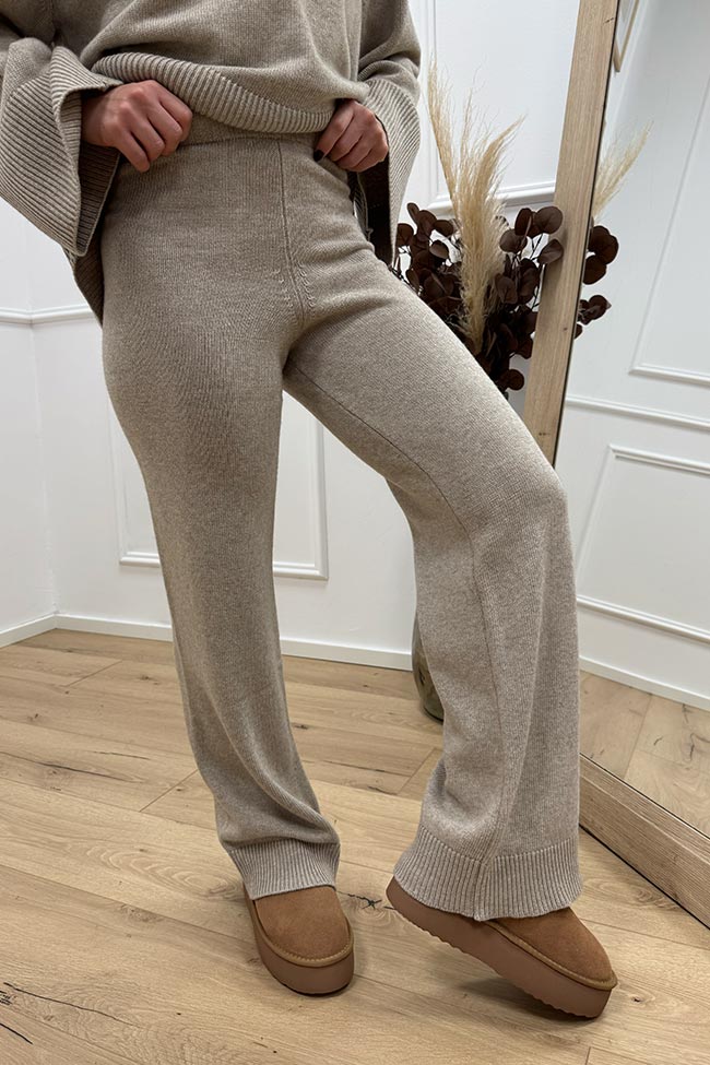 Vicolo - Pantaloni in maglia beige misto lana e cashmere