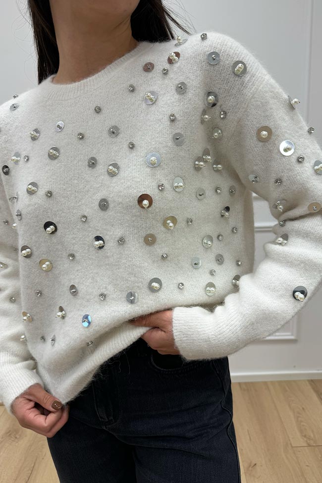 Icona - Maglia panna misto alpaca con strass e perle