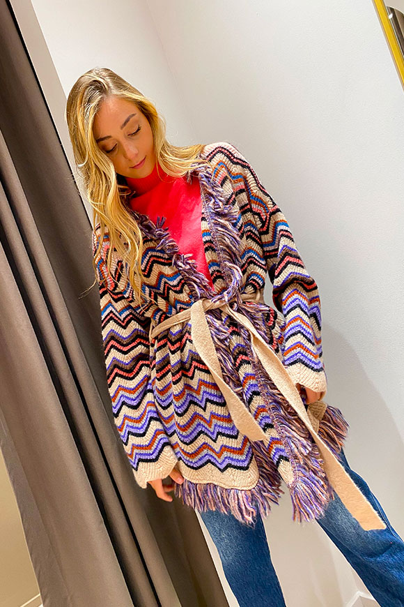 Vicolo - Beige, purple and black poncho fringed with bronze flecks