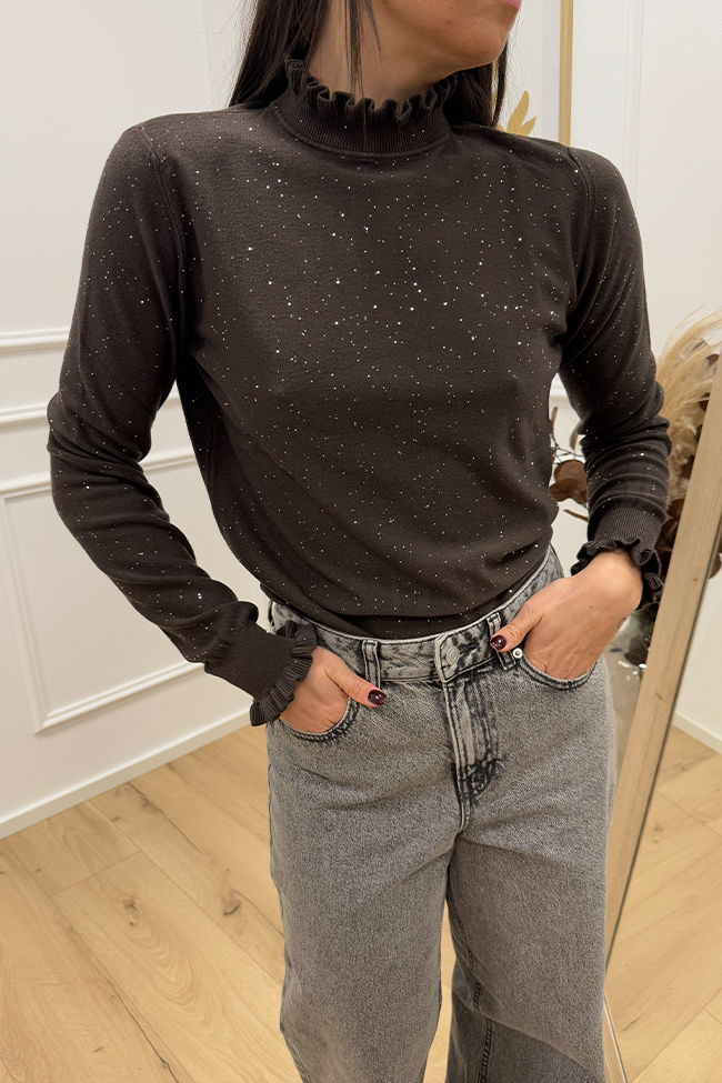 Haveone - Maglia moro collo rouches con micropaillettes