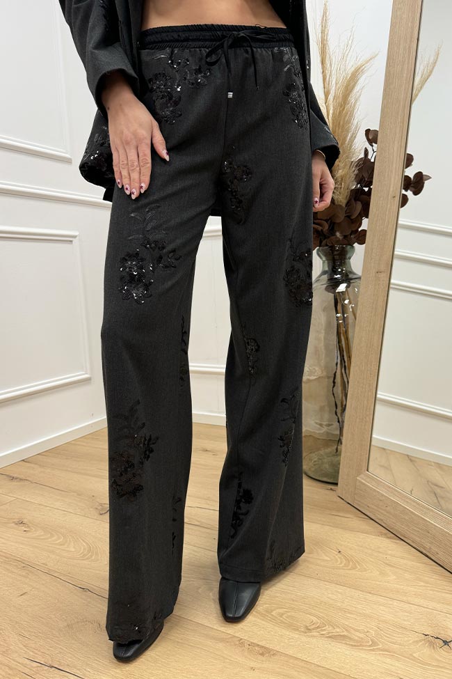 Haveone - Pantaloni grigi antracite con fiori di paillettes