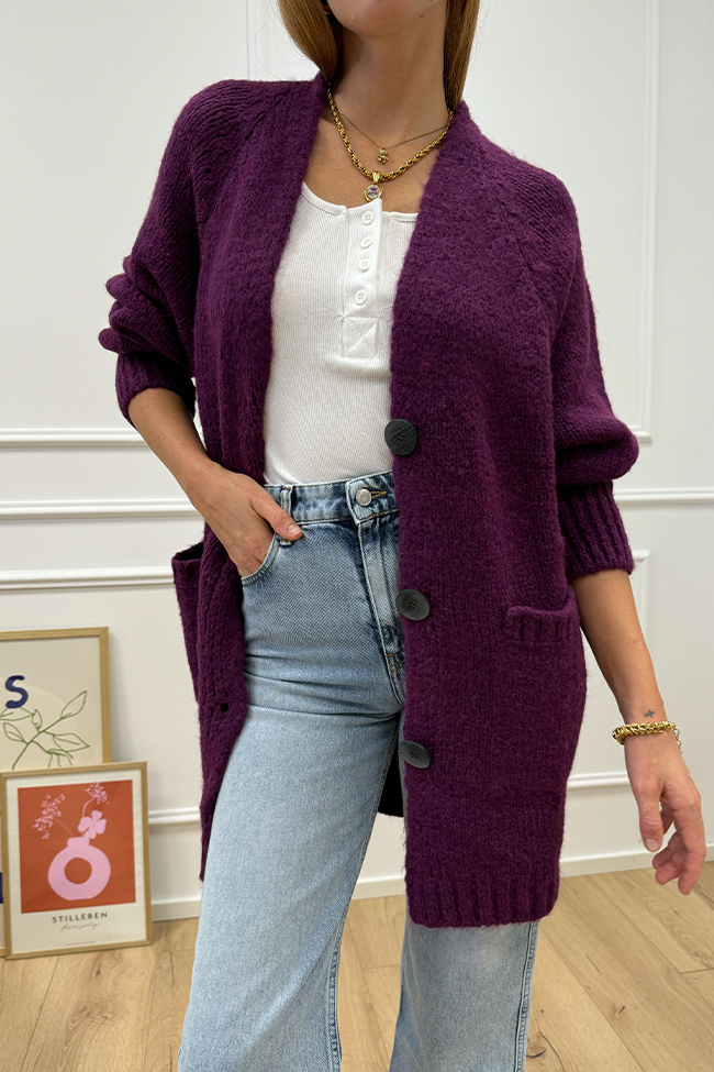 Haveone - Cardigan lungo vino con bottoni misto alpaca