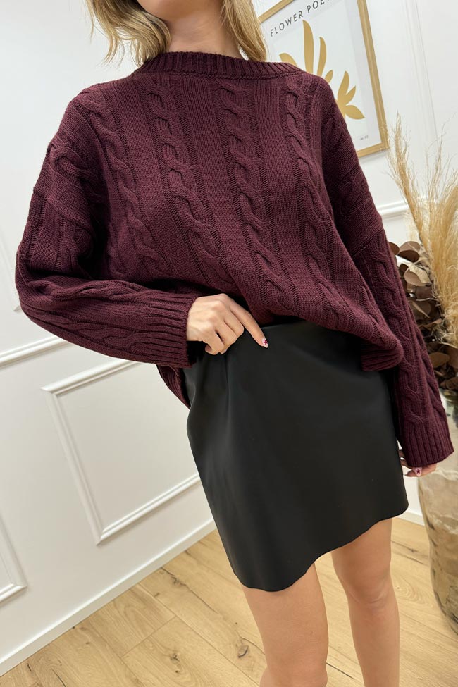 Haveone - Maglione girocollo bordeaux a trecce