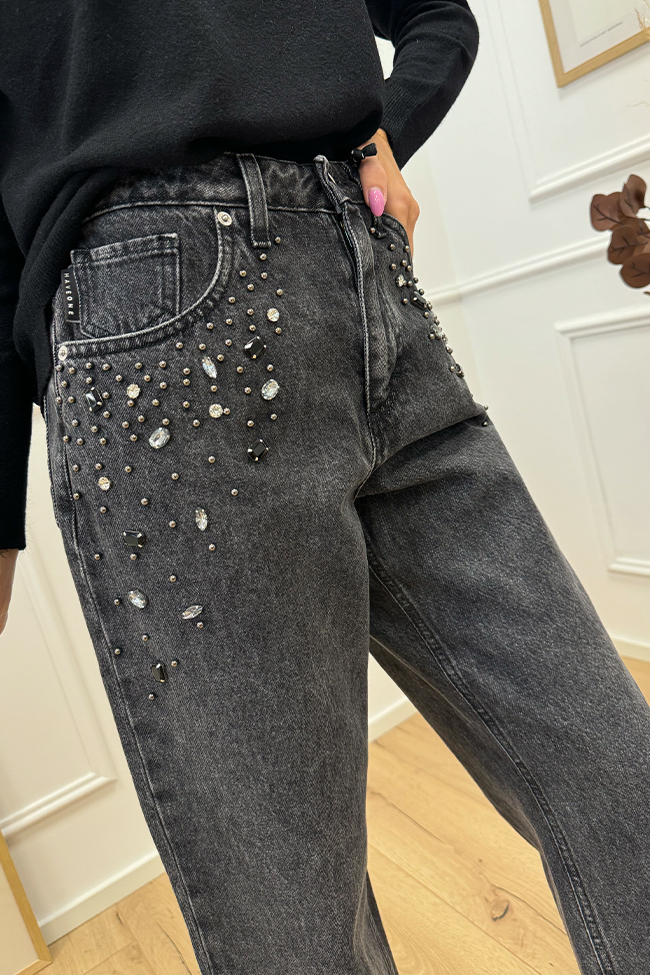 Haveone - Jeans Mandy nero con borchie e strass