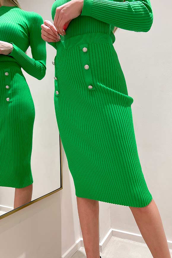 Vicolo - Grass green ribbed midi skirt with silver buttons