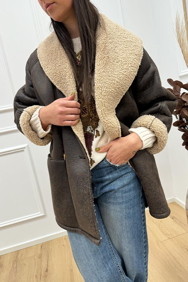 Tensione In - Cappotto montone sciallato moro e beige