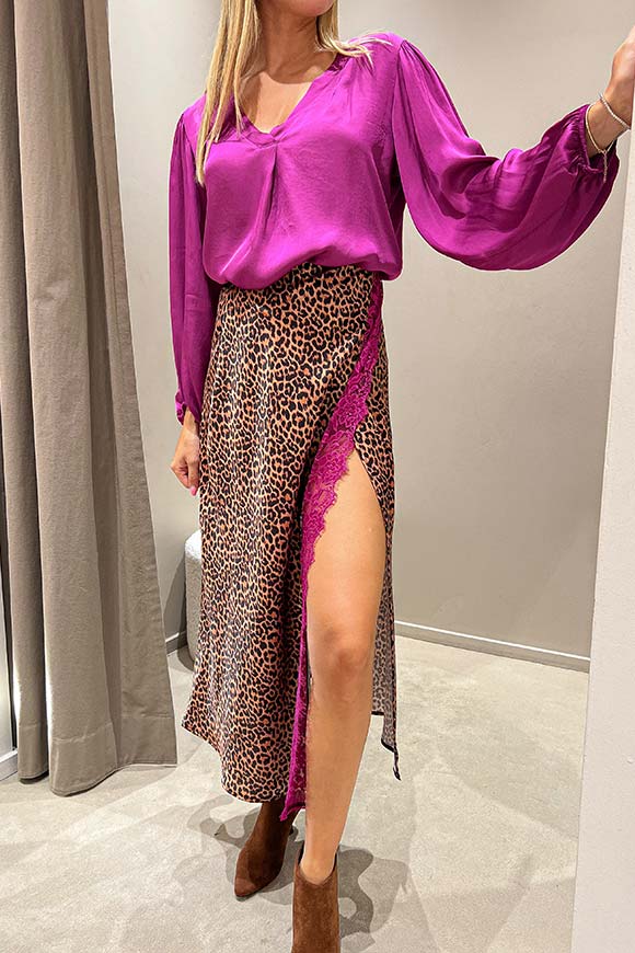 Haveone - Gonna leopardata satin con pizzo fucsia