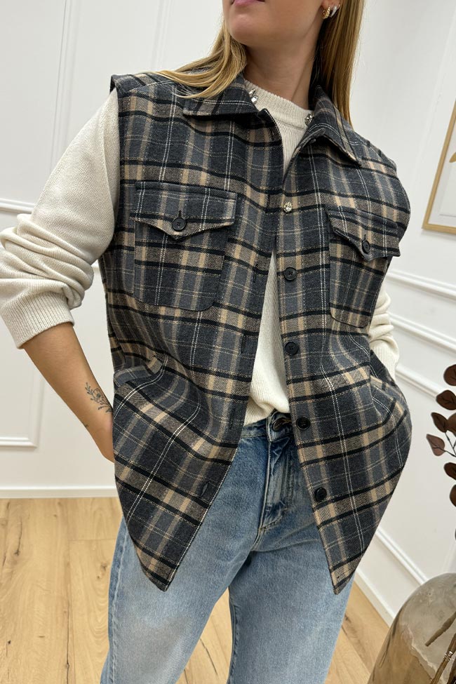 Vicolo - Gilet oversize check grigio e beige