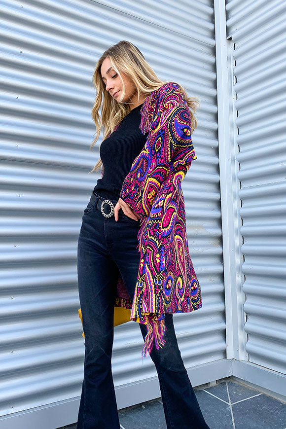 Vicolo - Paisley patterned blue, fuchsia and yellow cardigan