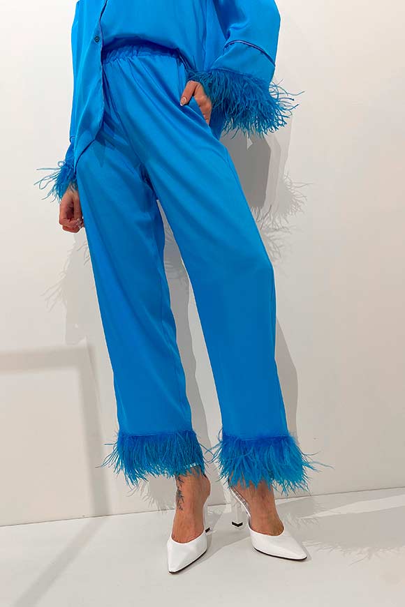 Vicolo - Turquoise pajama-style trousers with feathers on the bottom