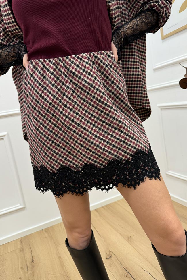 Haveone - Gonna mini quadretti bordeaux con pizzo