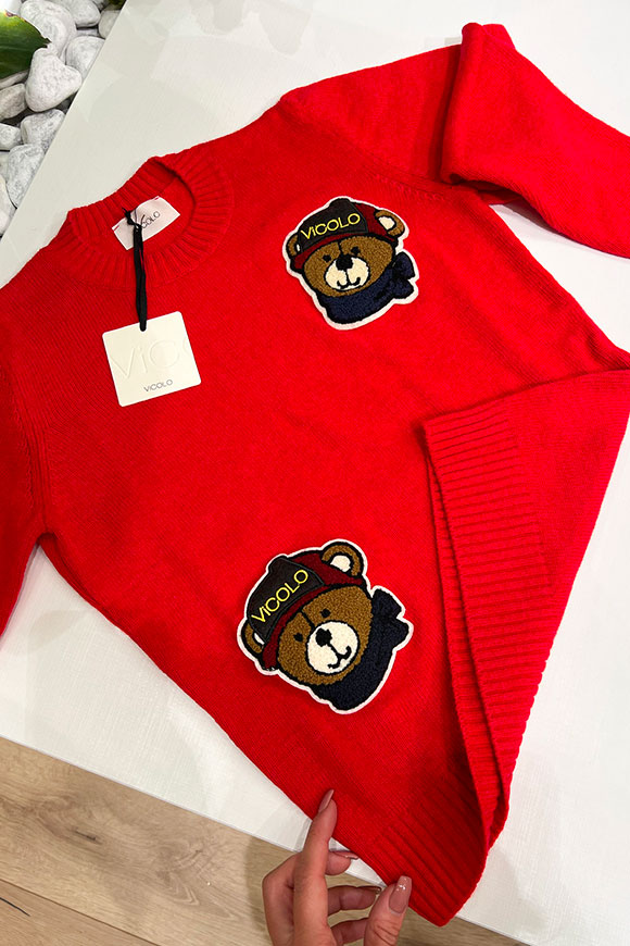 Vicolo - Red sweater with teddy bear bouclé patch