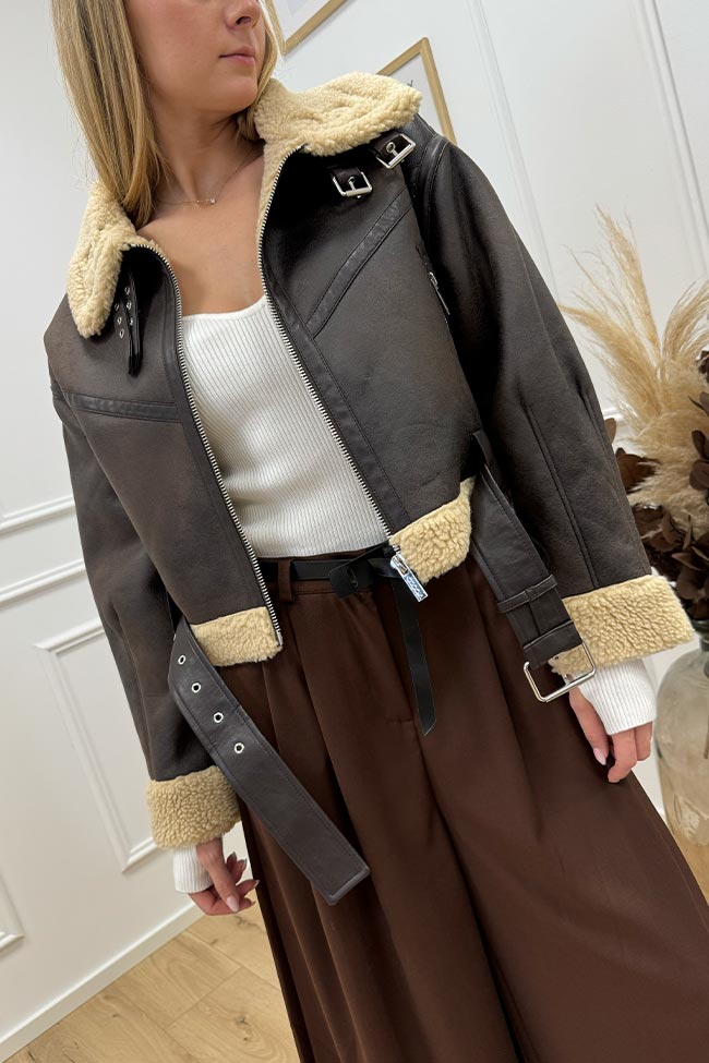 Vicolo - Chiodo shearling crop effetto scamosciato moro